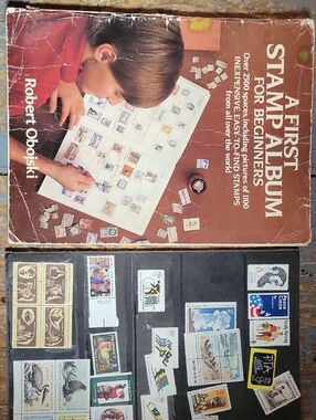 A First Stamp Album For Beginners - Red Cover with Stamp Collection